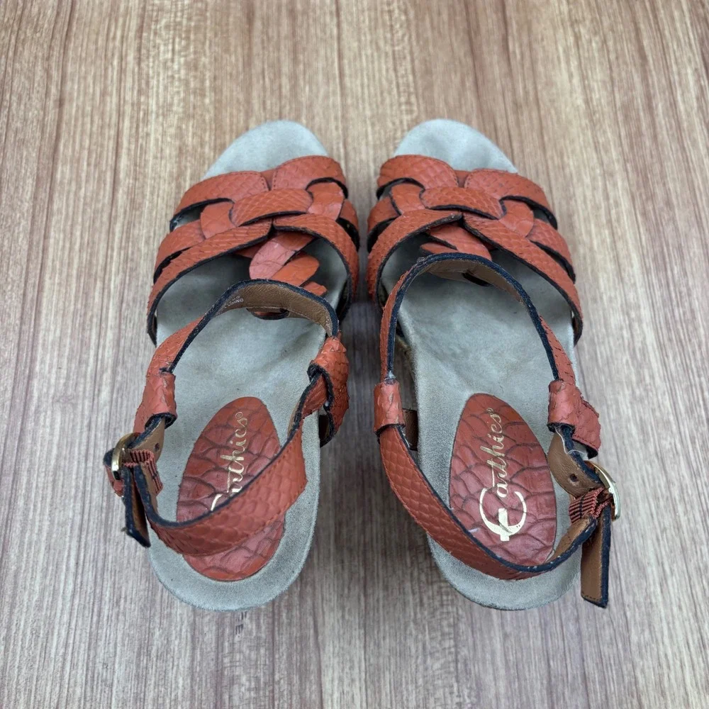 Earthie‎ Corsica Wedge Sandals Womens 8B Spice Orange Leather Snakeskin Braided